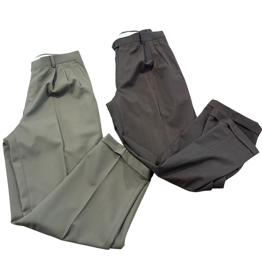 Pronto Uomo Mens 34 Waist 100% Wool Pleated Dress Pants Lot of 2 Olive Brown